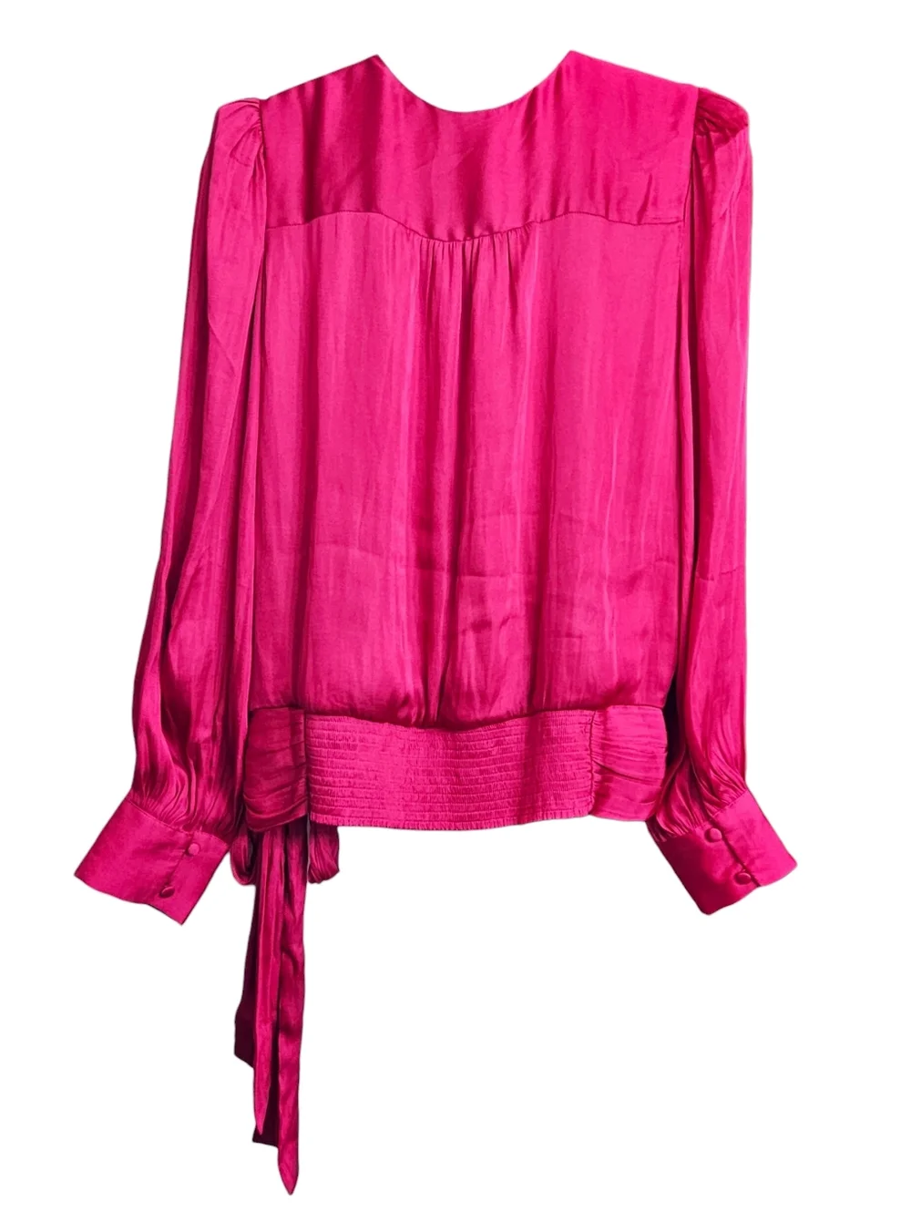 Banana Republic Fushia Pink Satin Balloon Sleeve Tie Waist Wrap Top Small